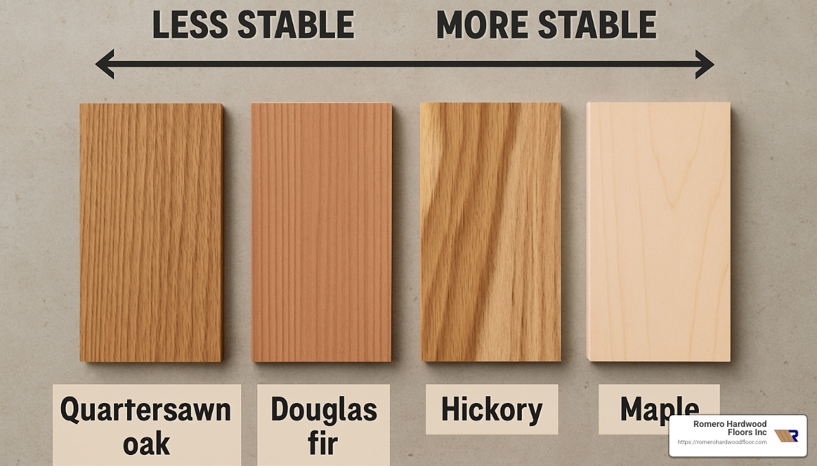 Different species of hardwood showing stability characteristics for concrete installation - gluing solid hardwood floors to concrete