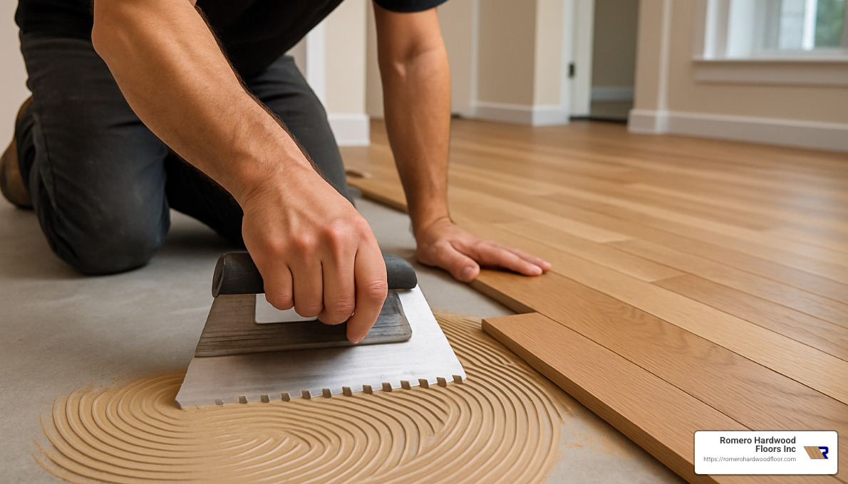 Solid hardwood boards being glued to concrete with trowel application - gluing solid hardwood floors to concrete