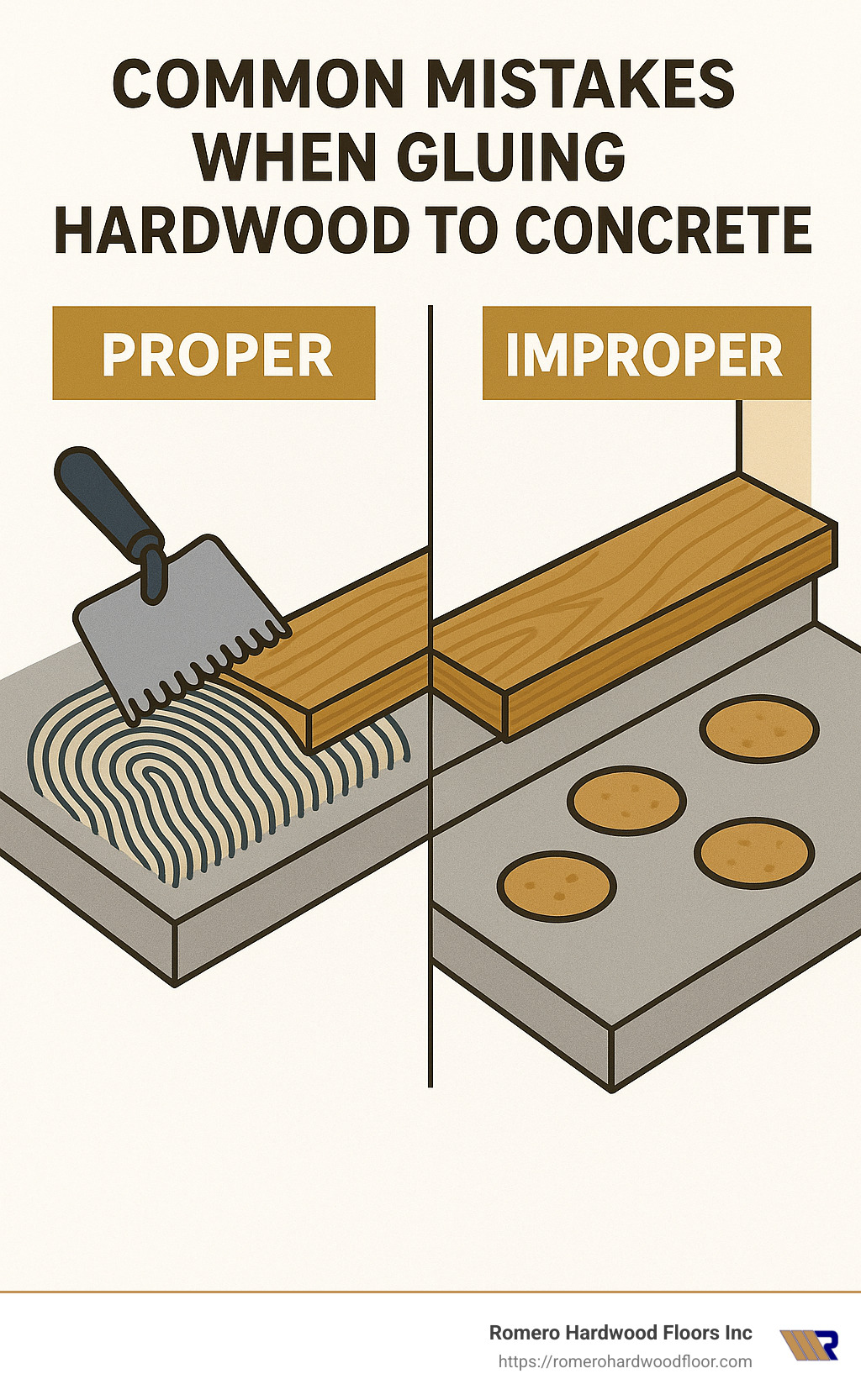 Common mistakes when gluing hardwood to concrete showing proper vs improper techniques - gluing solid hardwood floors to concrete infographic