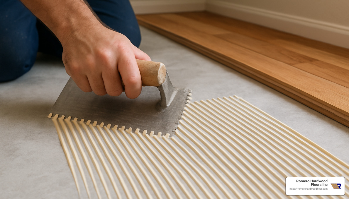 Trowel spreading adhesive on concrete subfloor in proper pattern - gluing solid hardwood floors to concrete