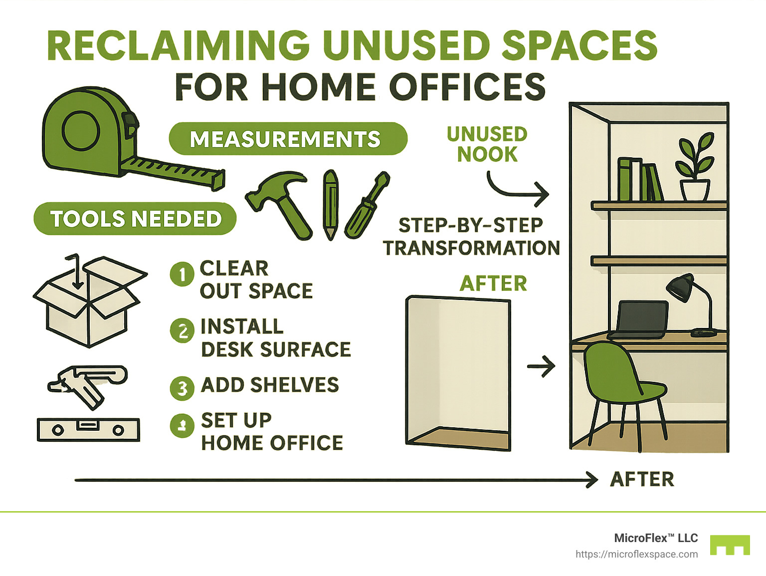 Reclaiming unused spaces for home offices: measurements, tools needed, and step-by-step change process - home office solutions for small spaces infographic