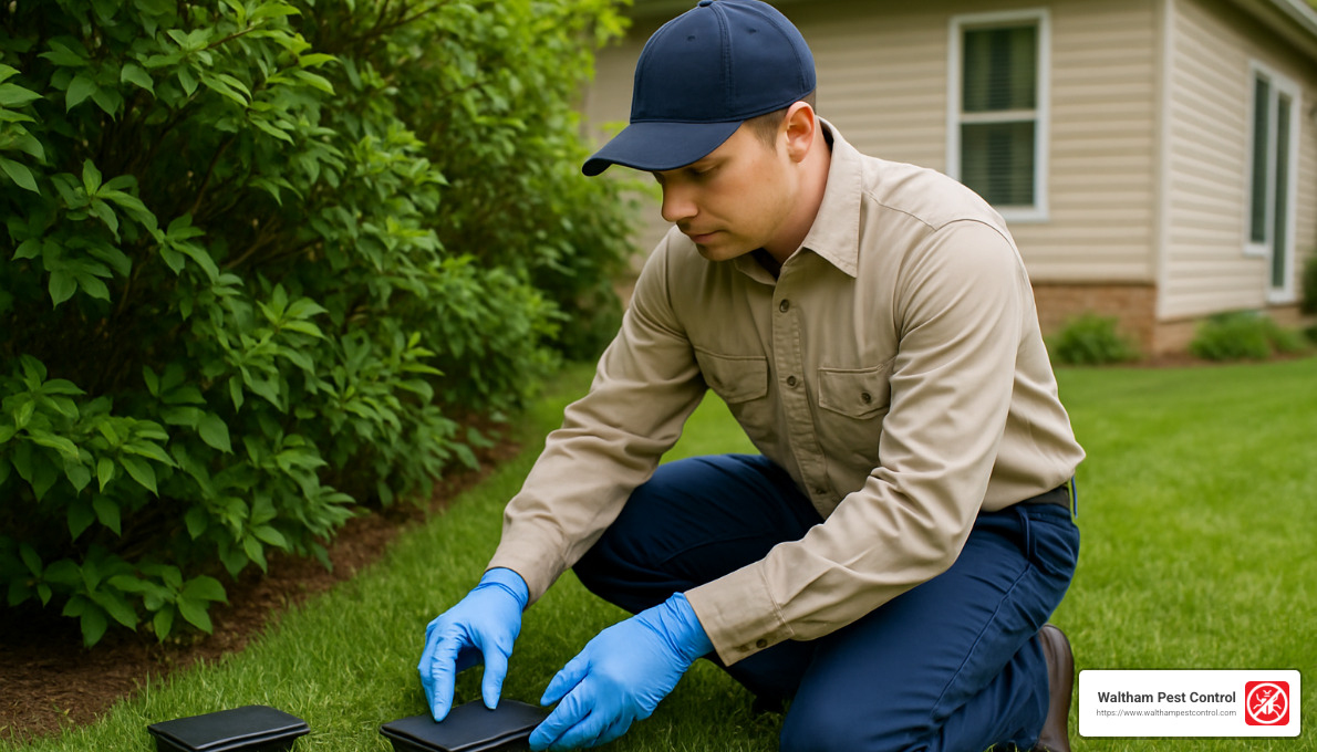 pest control technician placing monitor traps in yard - flea and tick control services