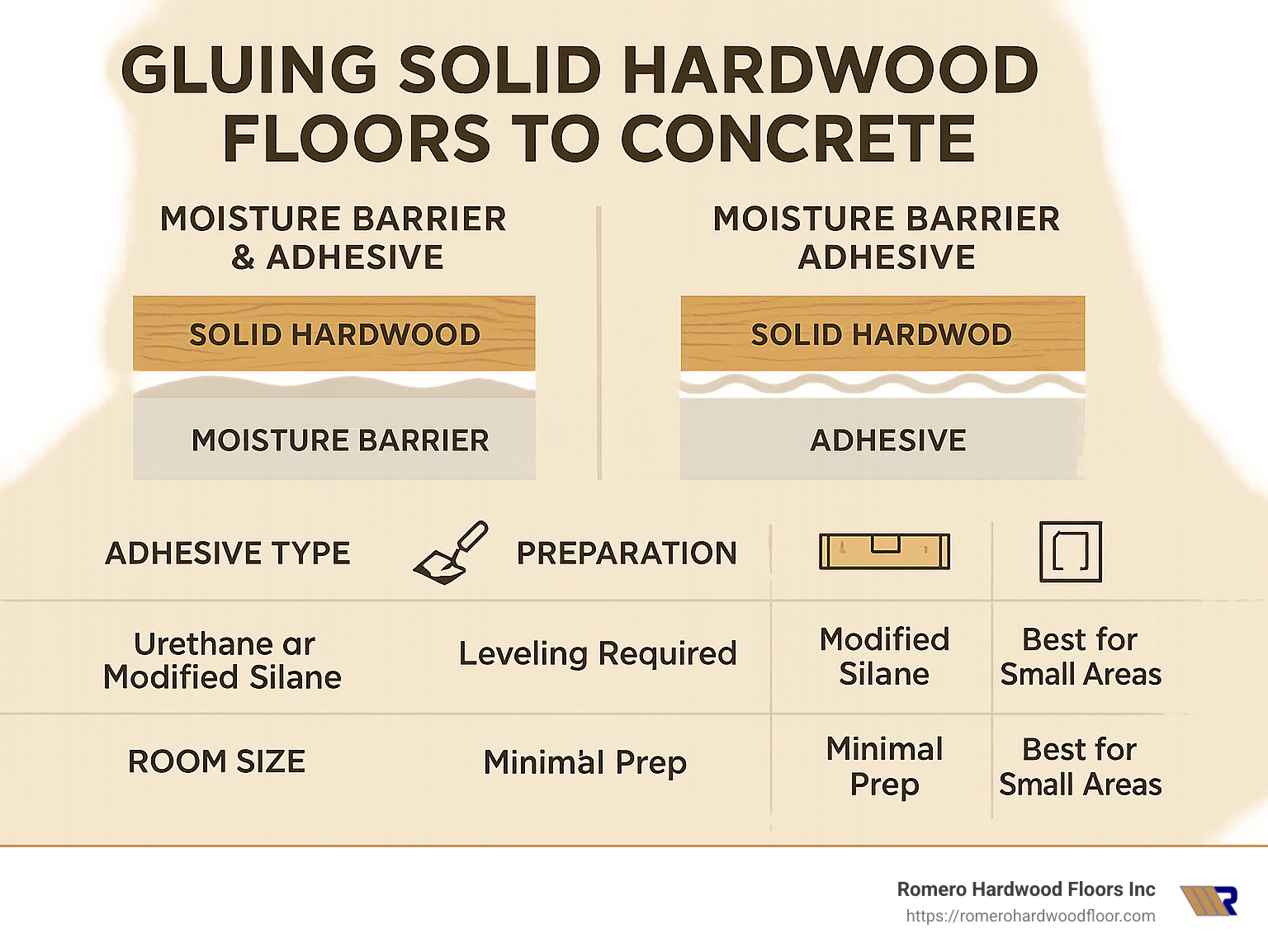 Comparison of installation methods for solid hardwood on concrete showing moisture barriers, adhesive types, preparation steps, and suitability for different room sizes - gluing solid hardwood floors to concrete infographic