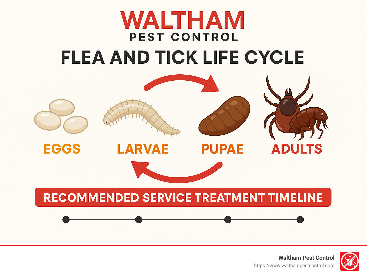 Flea and tick life cycle showing eggs, larvae, pupae and adults alongside recommended service treatment timeline - flea and tick control services infographic