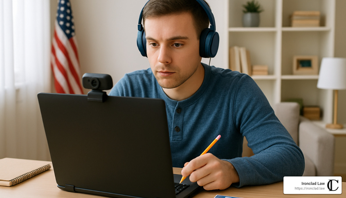 Person taking an online proctored exam at home - series 6 and series 63
