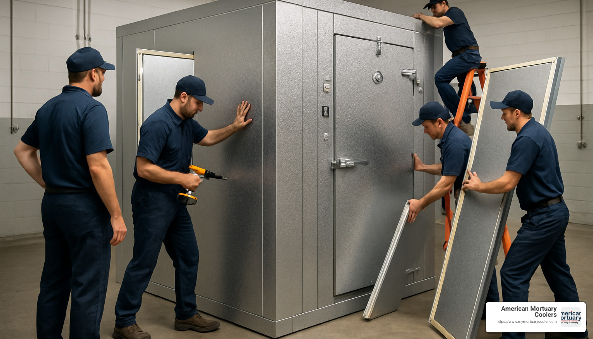 Commercial cooler installation team working on a large walk-in unit - commercial cooler