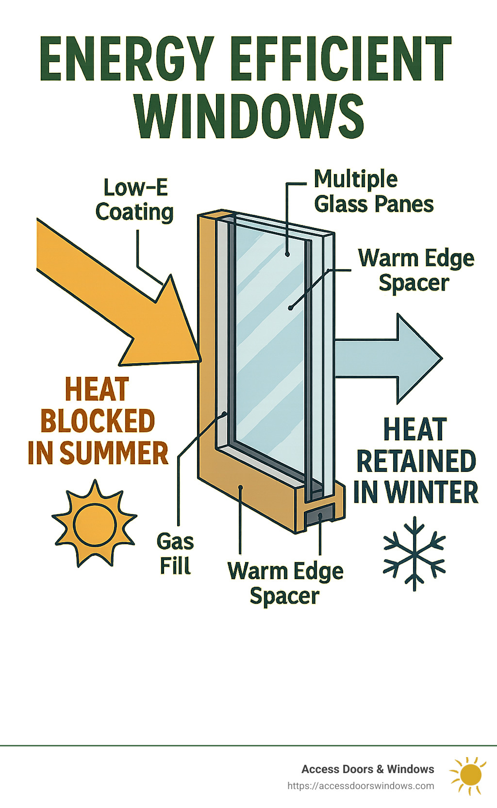 Diagram showing how energy efficient windows work with labeled components including low-E coating, multiple glass panes, gas fill, warm edge spacers, and insulated frames, alongside arrows showing heat flow being blocked in summer and retained in winter - Energy efficient window replacement infographic 