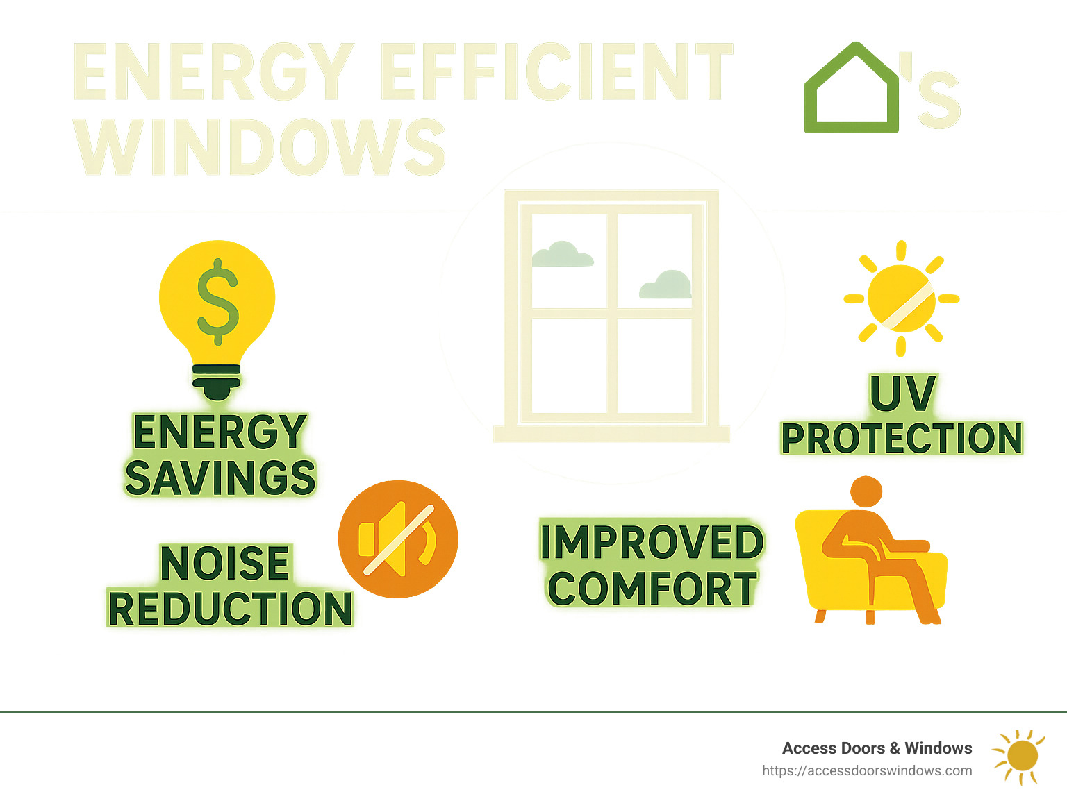 Infographic showing the multiple benefits of energy efficient windows including energy savings, UV protection, noise reduction, and improved comfort - Energy efficient window replacement infographic 