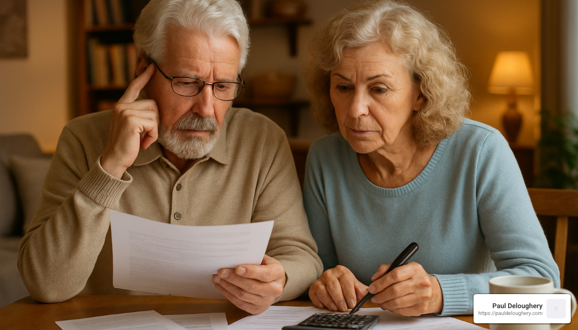 elderly couple with financial documents - protecting assets alzheimer's
