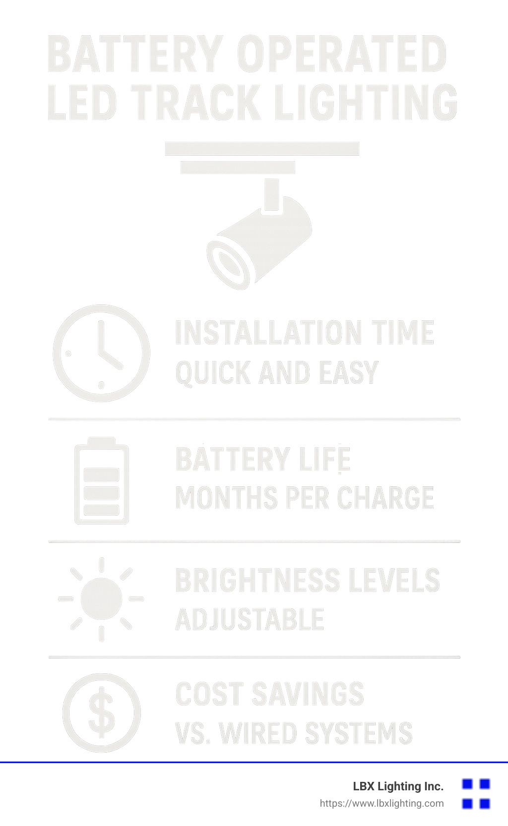 On Track: Best Battery Operated LED Track Lighting Solutions 7 Comparison of battery operated LED track lighting features showing installation time, battery life, brightness levels, and cost savings versus traditional wired systems - battery operated led track lighting infographic