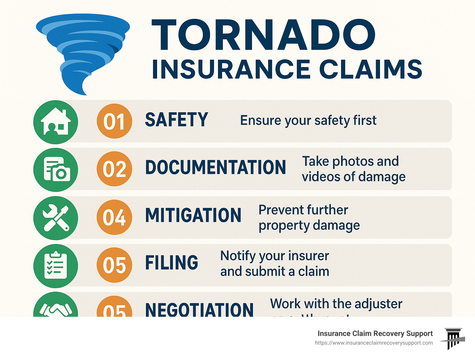 5-step process for filing tornado insurance claims showing safety, documentation, mitigation, filing, and negotiation steps - tornado insurance claims infographic 