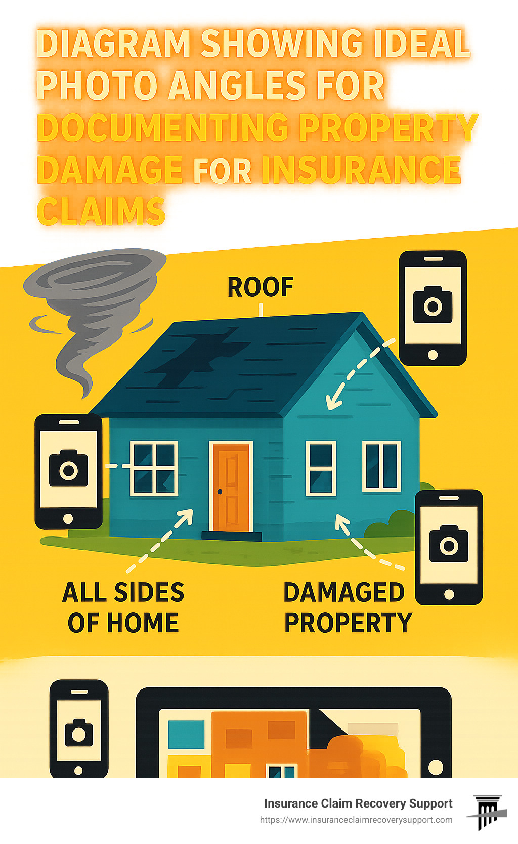 Diagram showing ideal photo angles for documenting property damage for insurance claims - tornado insurance claims infographic 