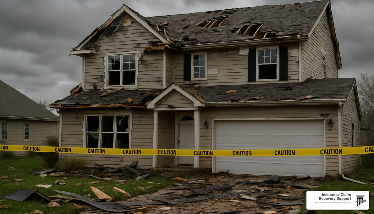 home with caution tape after tornado damage - tornado insurance claims