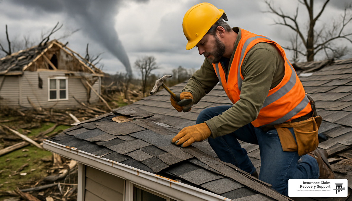 licensed roofer working on tornado damaged home - tornado insurance claims