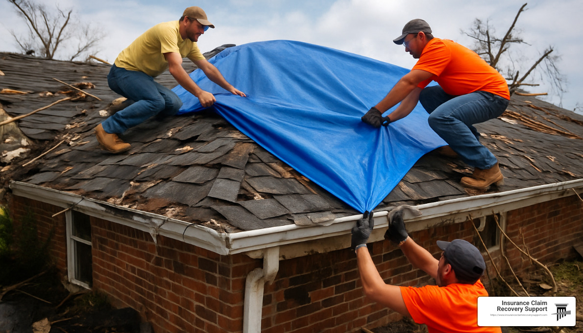workers installing tarp on damaged roof - tornado insurance claims