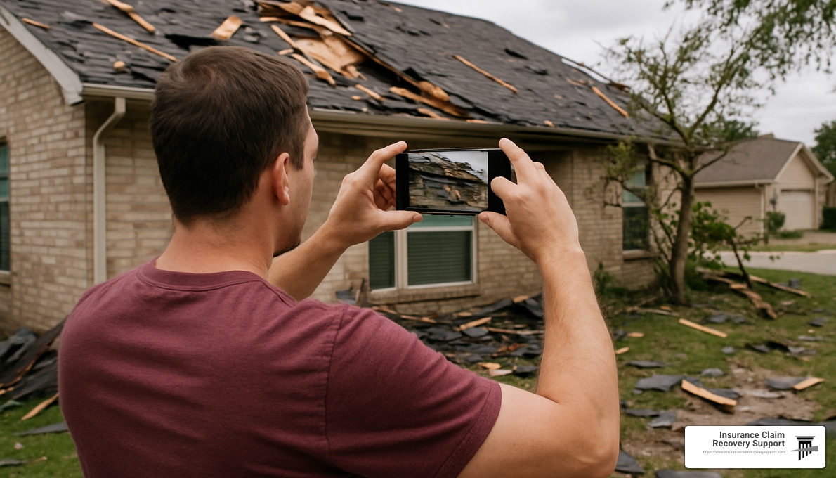 homeowner photographing roof damage - tornado insurance claims