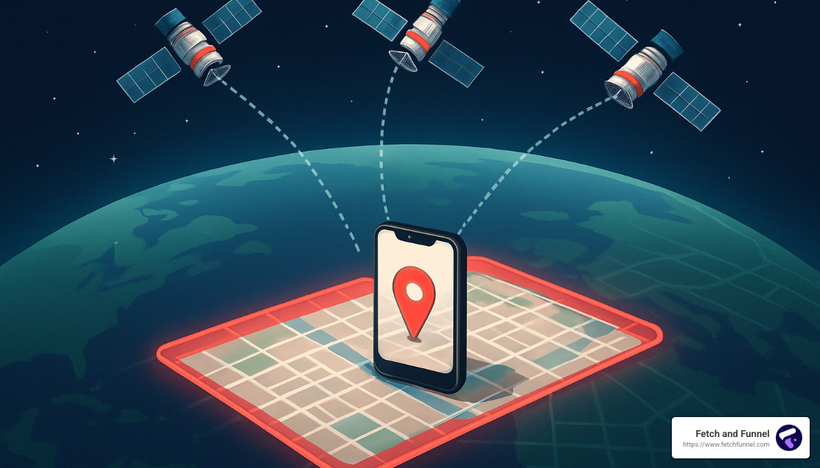 GPS satellites triangulating smartphone location for digital geo fencing - digital geo fencing