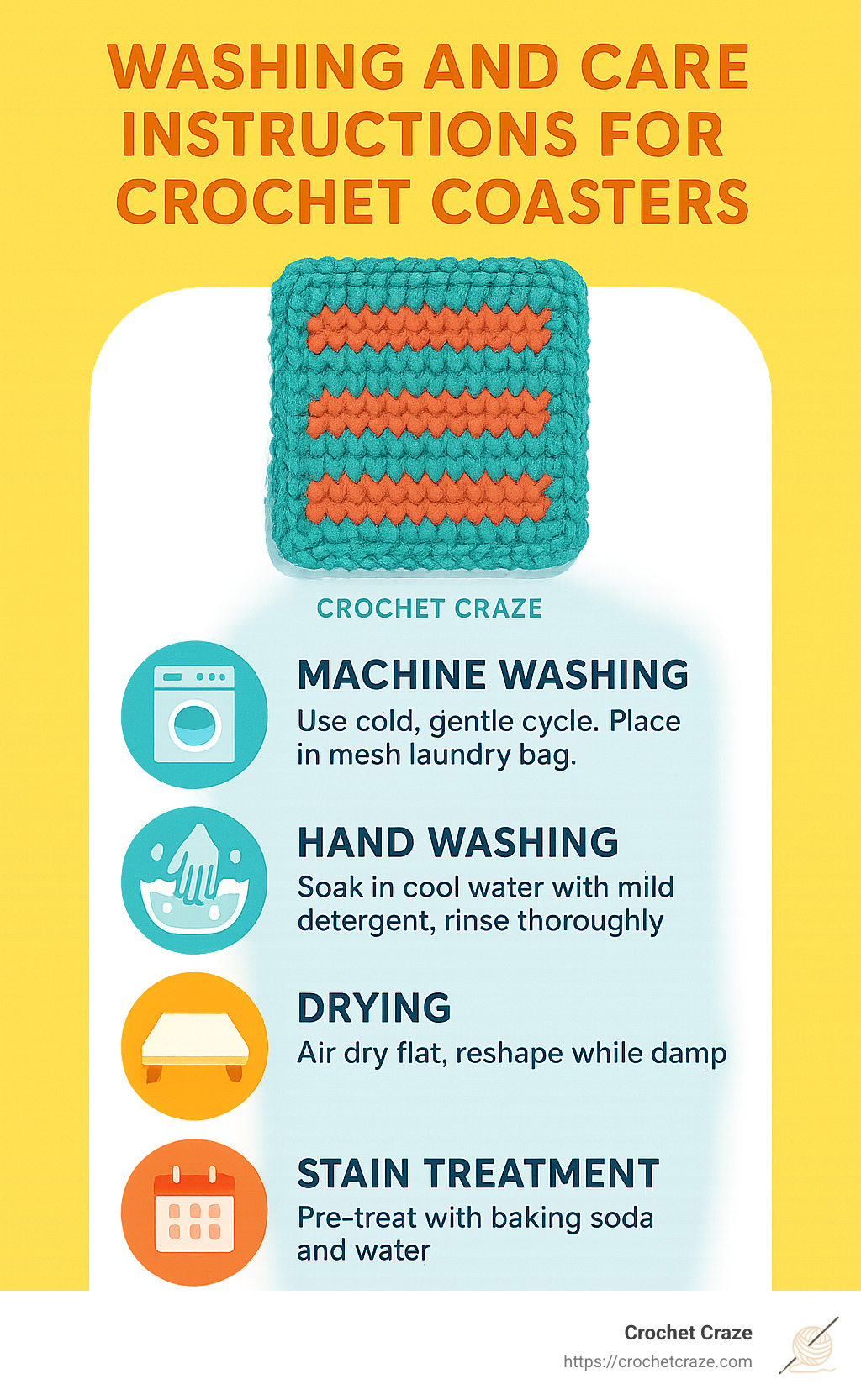washing and care instructions for crochet coasters - easy square crochet coasters infographic
