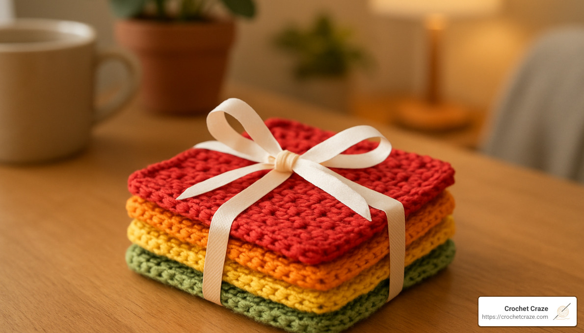 set of colorful crochet coasters arranged as a gift with ribbon - easy square crochet coasters