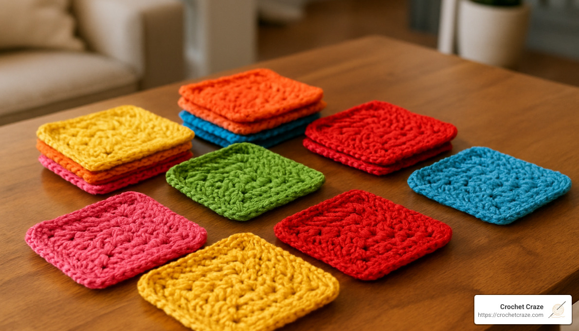 cotton yarn coasters in various colors - easy square crochet coasters