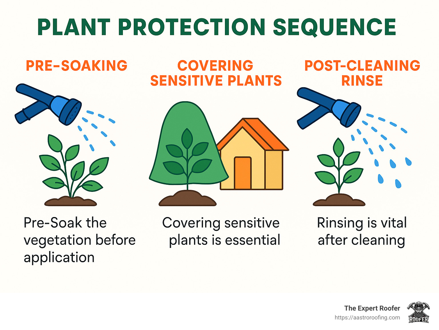 Diagram showing the plant protection sequence including pre-soaking, covering sensitive plants, and post-cleaning rinse - Roof cleaning services Parkland infographic 
