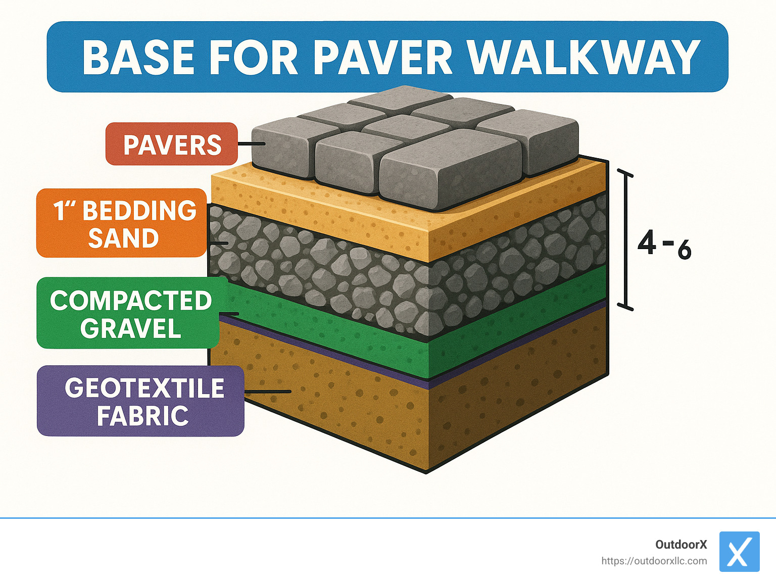 Detailed cross-section of a paver walkway base showing multiple layers: native soil at bottom, geotextile fabric, 4-6 inches of compacted gravel, 1 inch of bedding sand, and pavers on top, with measurements and material types clearly labeled - base for paver walkway infographic