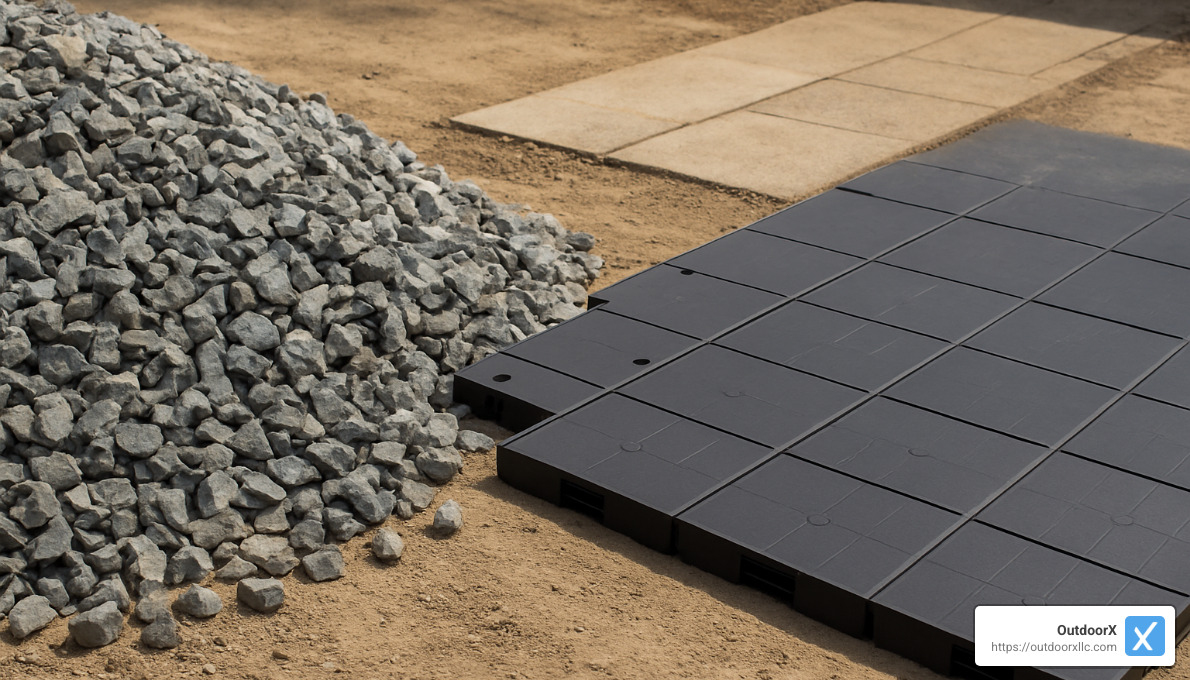 crushed stone next to synthetic base panels - base for paver walkway