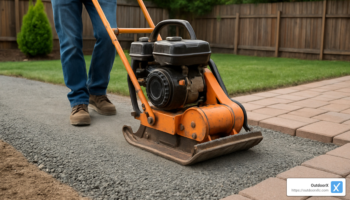 plate compactor on gravel base - base for paver walkway