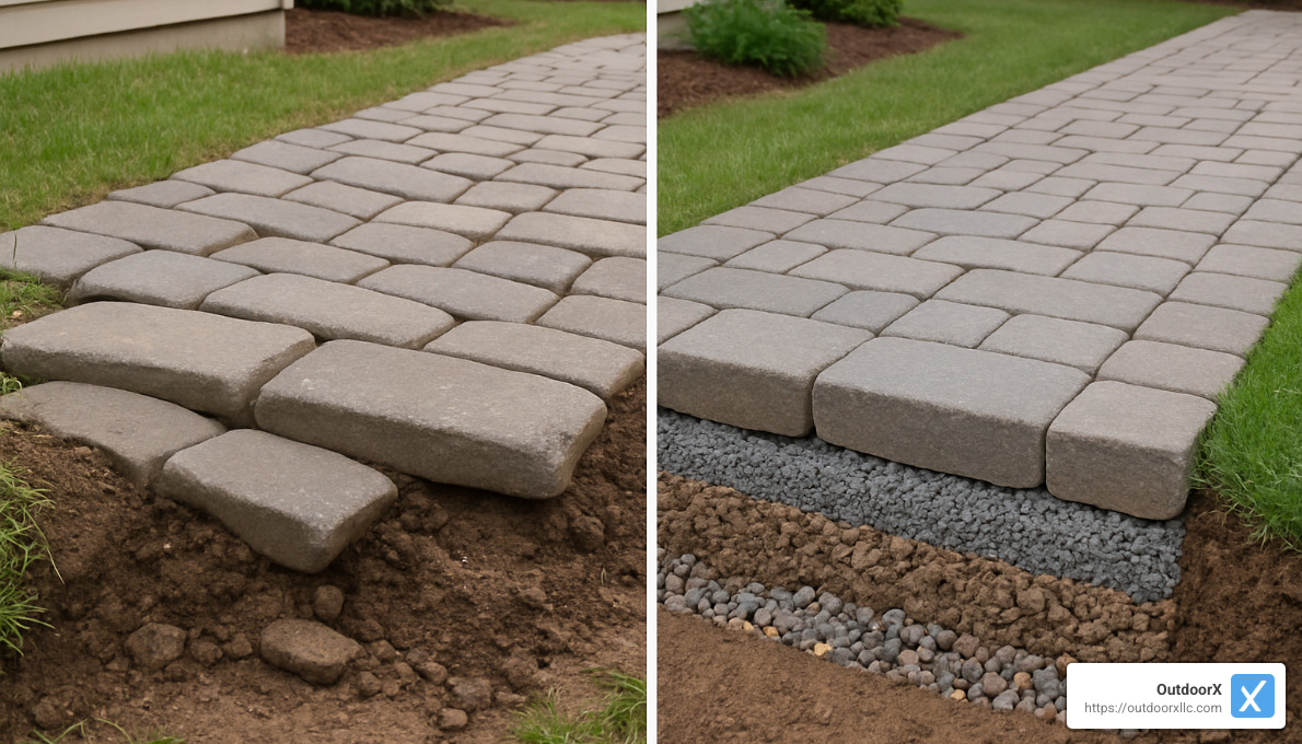 settled vs stable pavers showing difference in base preparation - base for paver walkway