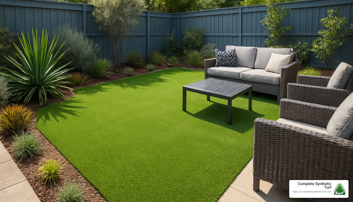 Completed artificial grass installation in a Melbourne garden with outdoor furniture - artificial grass installation cost melbourne