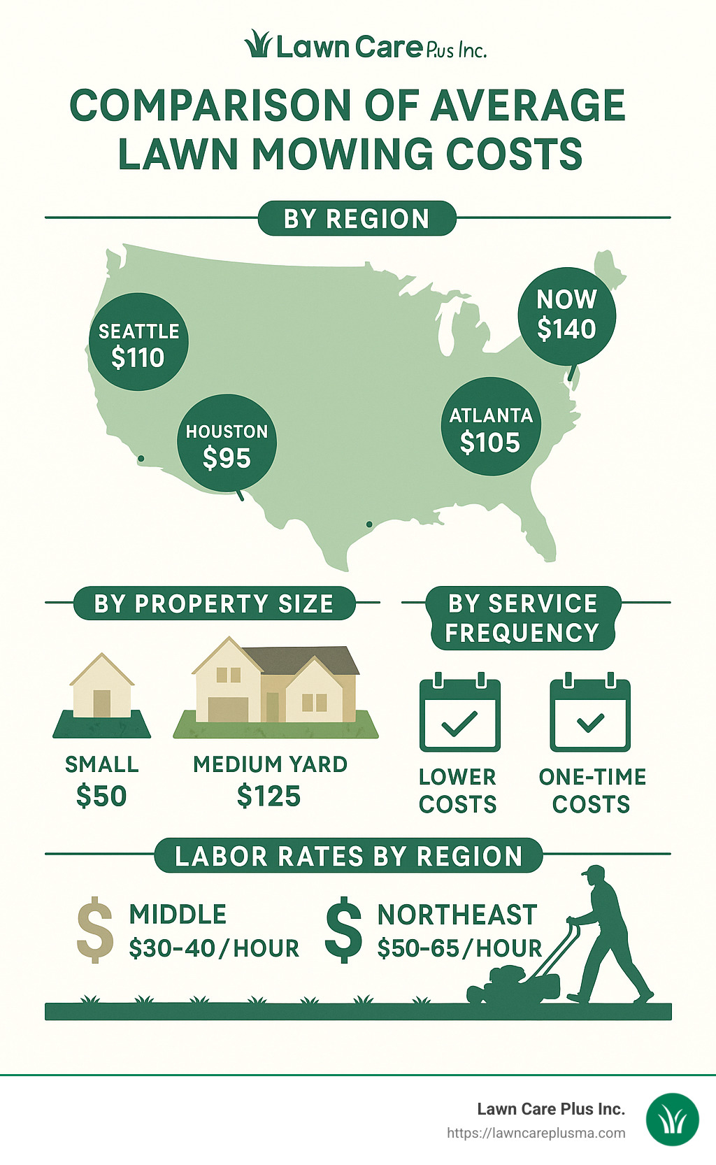 Comparison of average lawn mowing costs across different U.S. cities showing price variations by region, property size, and service frequency - grass cutting services infographic