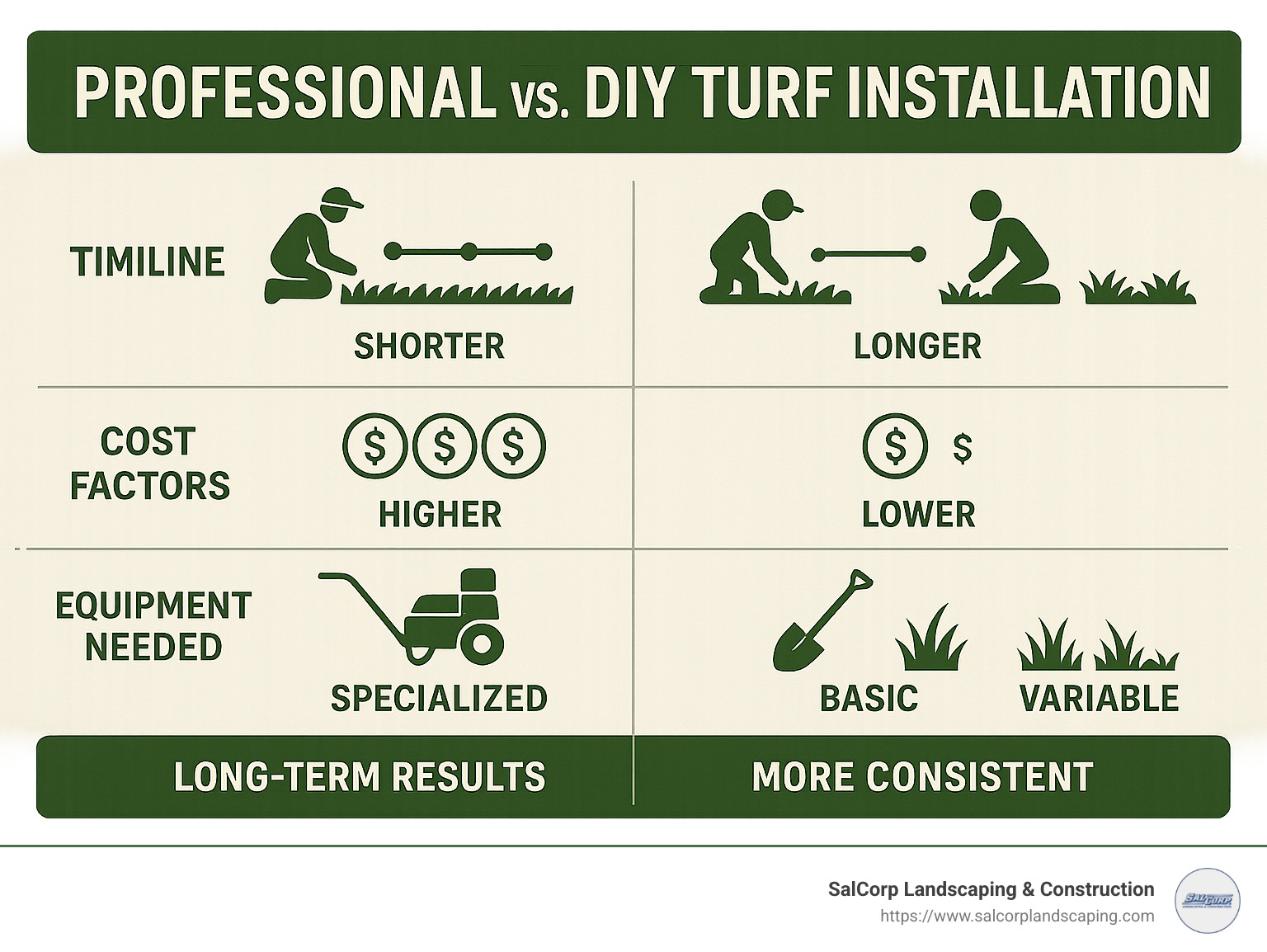 Comparison of professional vs DIY turf installation showing timeline, cost factors, equipment needed, and long-term results - turf landscapers near me infographic 