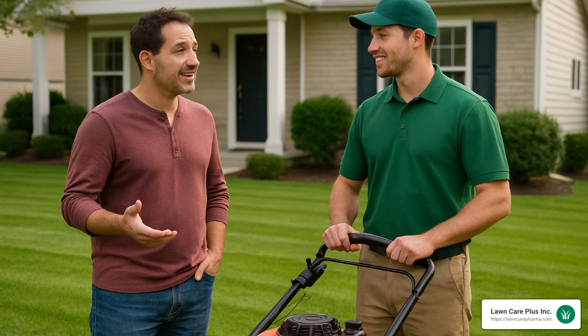 homeowner discussing lawn care with professional - grass cutting services