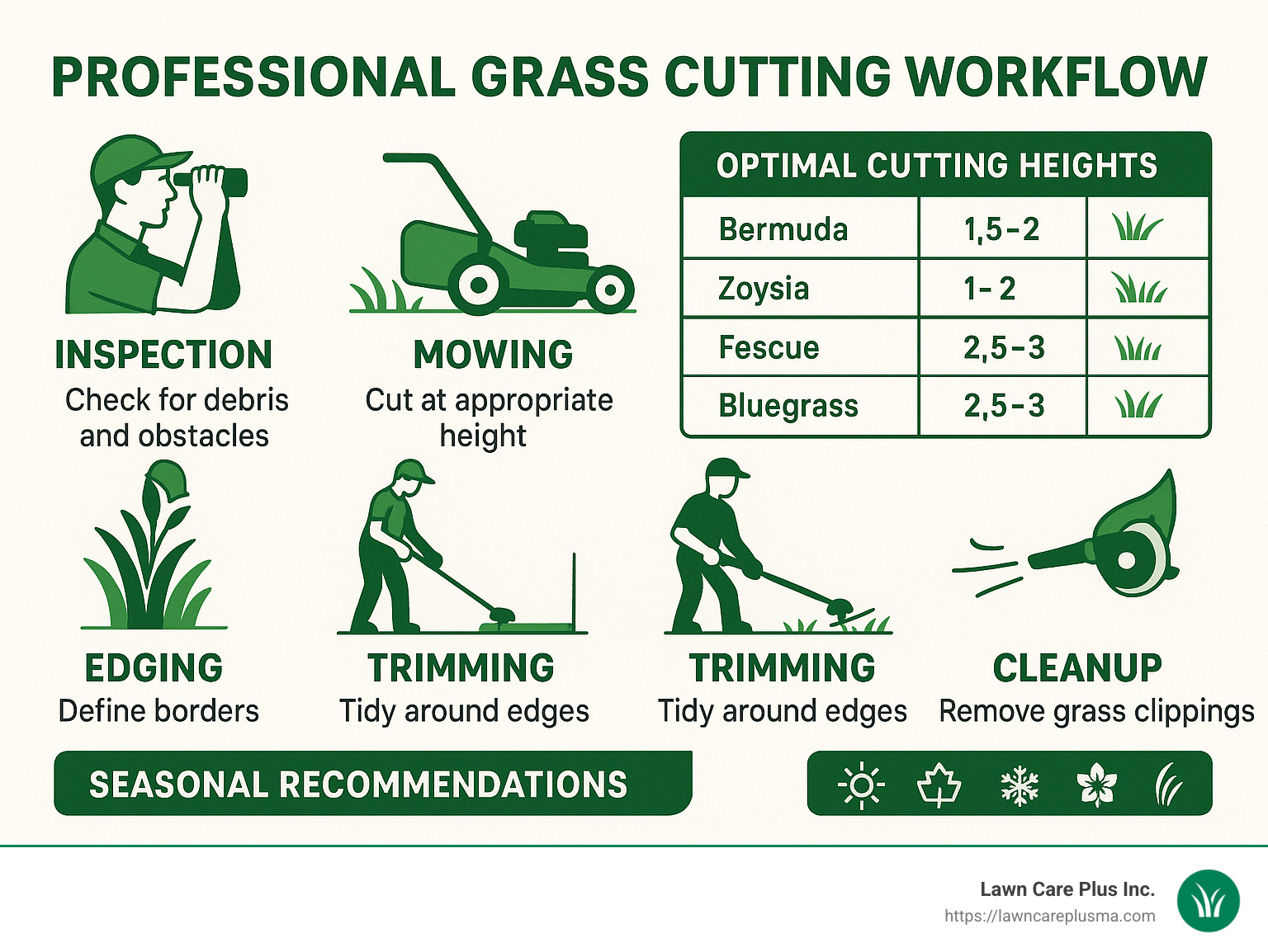 Professional grass cutting workflow showing inspection, mowing, edging, trimming and cleanup steps with optimal cutting heights by grass type and seasonal recommendations - grass cutting services infographic