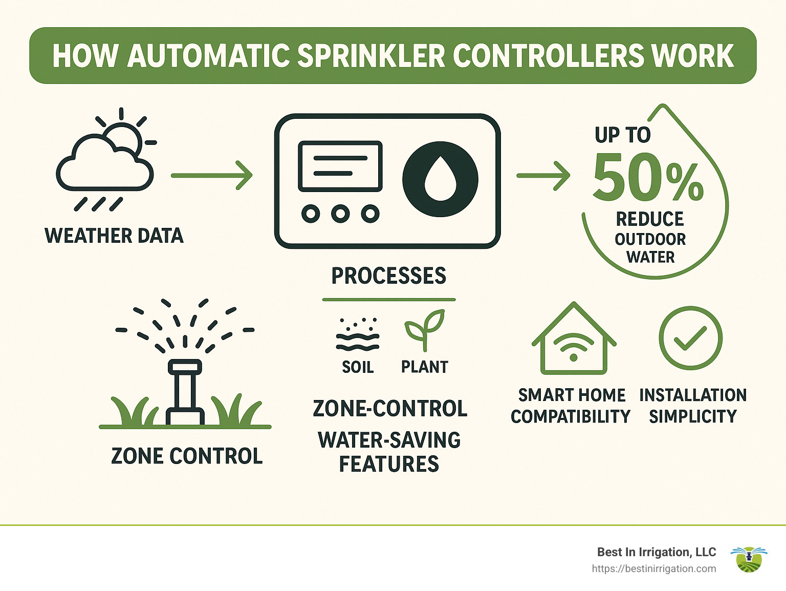 Infographic showing how automatic sprinkler controllers work, with components including weather data integration, zone control, water-saving features, smart home compatibility, and installation simplicity. The graphic highlights that smart controllers can reduce outdoor water usage by up to 50% compared to traditional timers, and shows the basic process of how the controller receives weather data, processes soil and plant information, and delivers precise watering schedules. - best automatic sprinkler controller infographic 