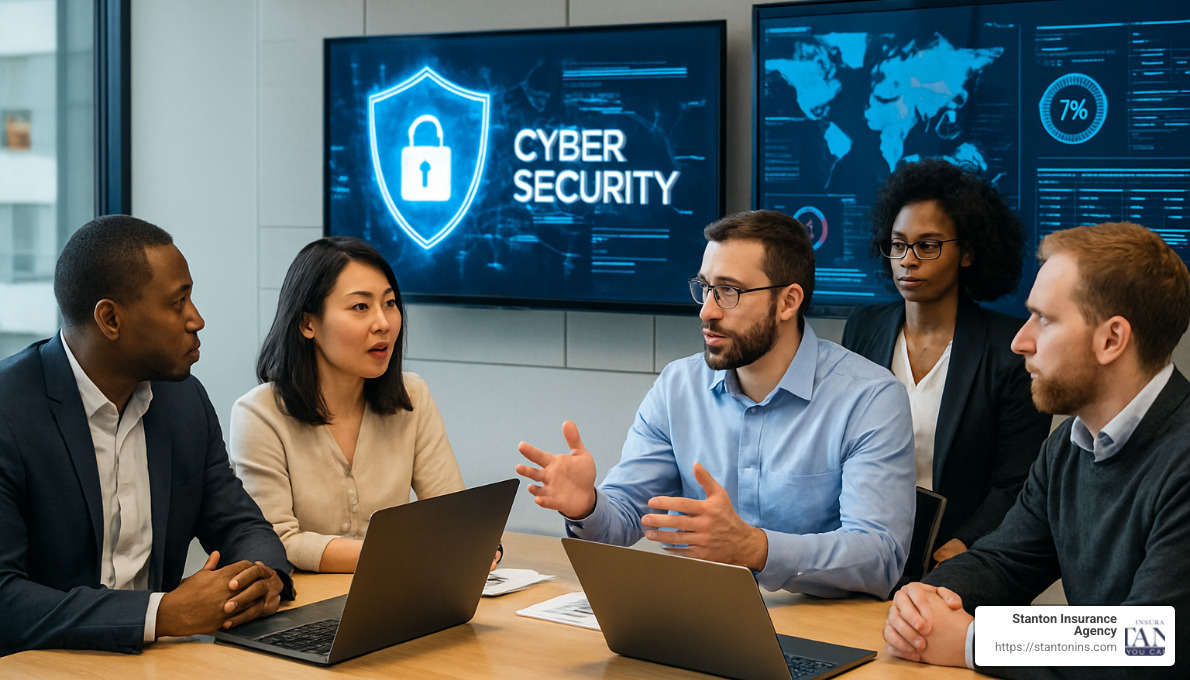 Corporate IT team discussing cybersecurity strategy - how much is cyber liability insurance