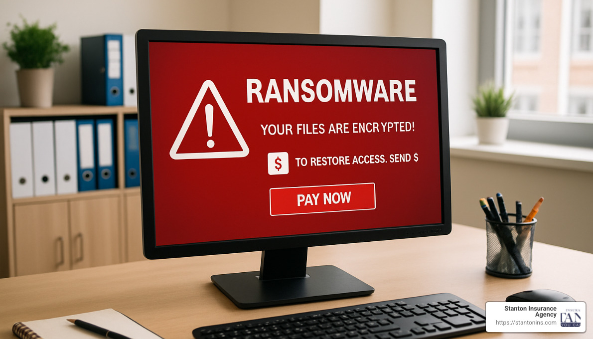 Ransomware attack screen on computer monitor - how much is cyber liability insurance