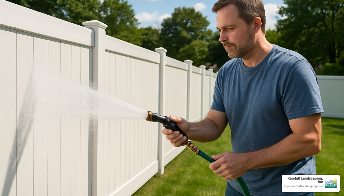 homeowner cleaning vinyl fence with garden hose - Fence installation Salem NH