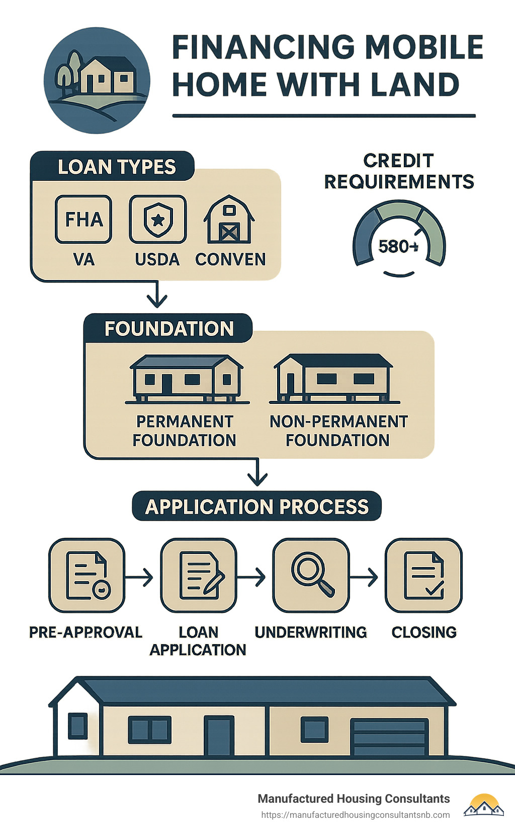 Comprehensive flowchart showing the mobile home with land financing process, including loan types, credit requirements, foundation options, and the step-by-step application process from pre-approval through closing - financing mobile home with land infographic 