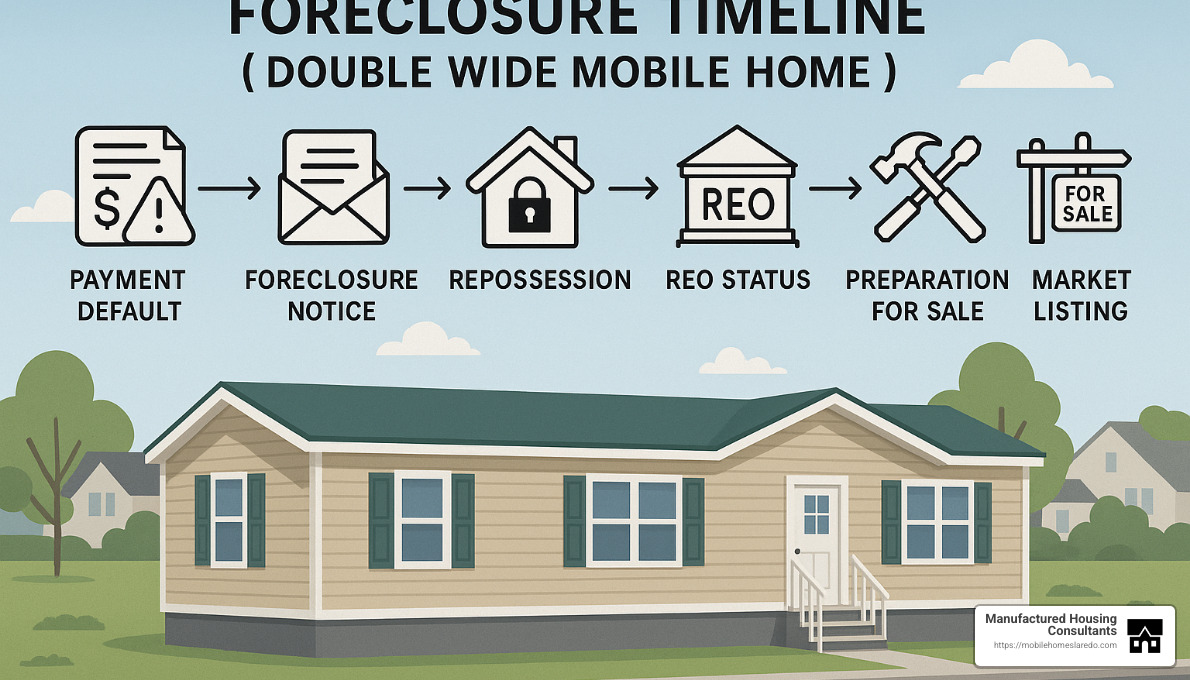 Foreclosure timeline for mobile homes showing payment default through REO status - repossessed double wide mobile homes Foreclosure timeline for mobile homes showing payment default through REO status - repossessed double wide mobile homes