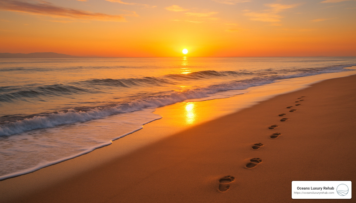 Beach sunrise with footprints in sand - Detox center Huntington Beach