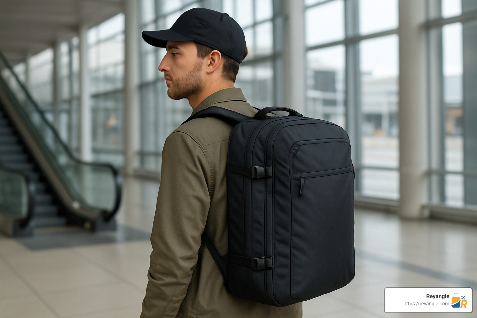 convertible carry-on backpack being worn by traveler - lightweight carry-on bags