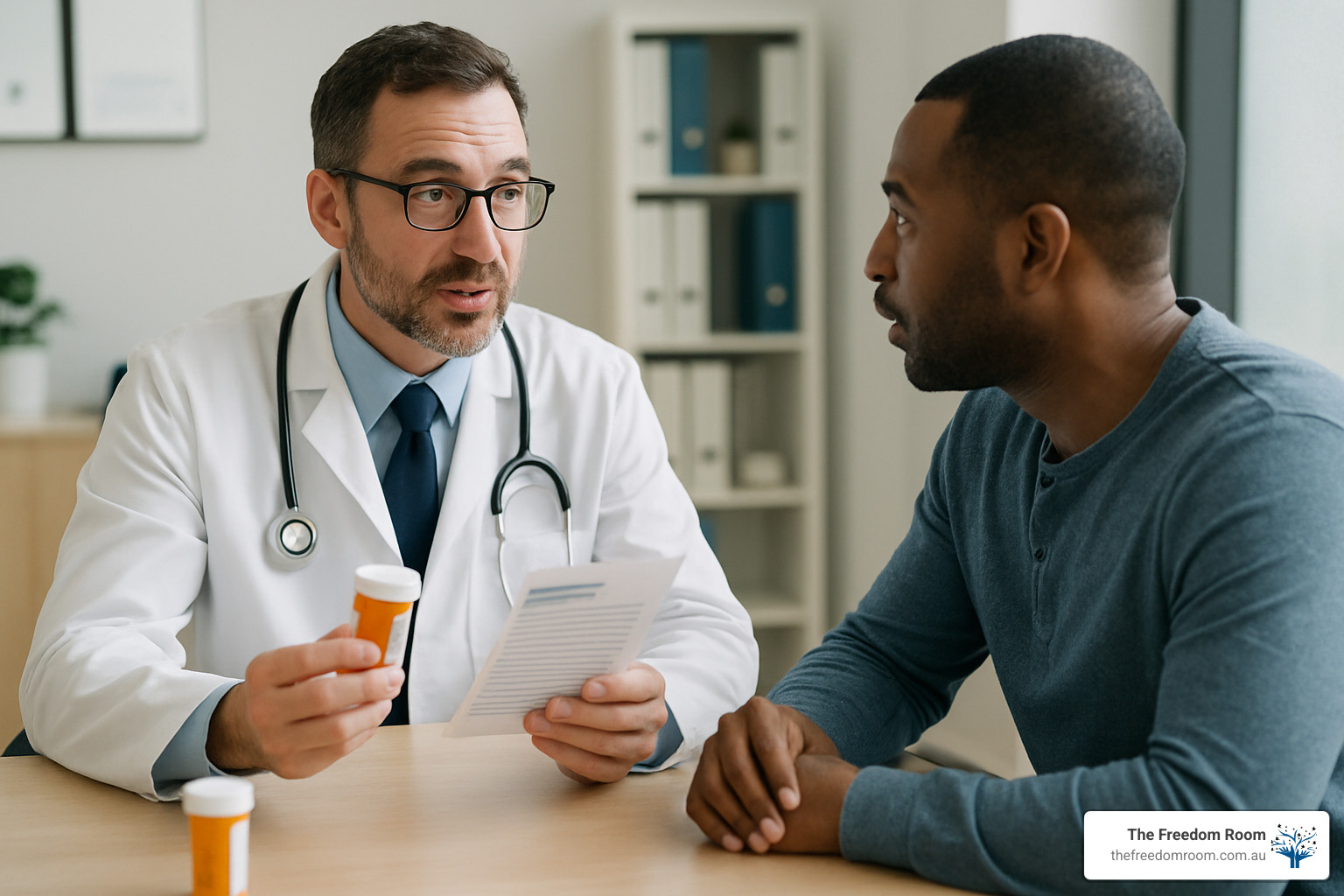 Doctor discussing medication options with patient - alcohol dependence medication Doctor discussing medication options with patient - alcohol dependence medication