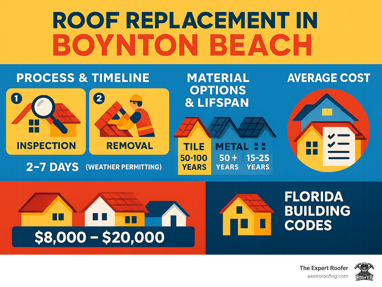 Comprehensive guide to roof replacement in Boynton Beach showing the process timeline from inspection through completion, material options with lifespan comparisons for tile, metal and shingle roofs, average costs based on home size, and Florida-specific building code requirements - Roof replacement Boynton Beach infographic 