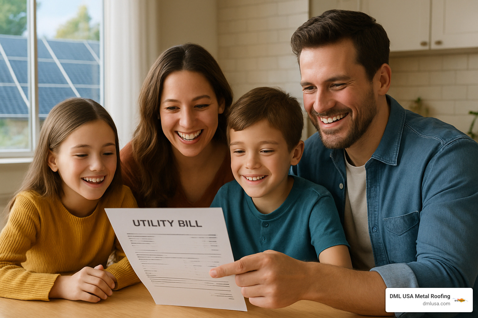 Family reviewing utility bill after solar installation - solar roof tax credit 2025