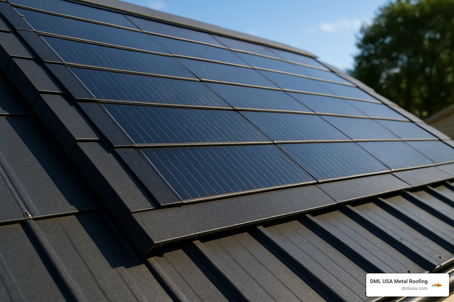 Close-up of solar shingles installed on a metal roof - solar roof tax credit 2025