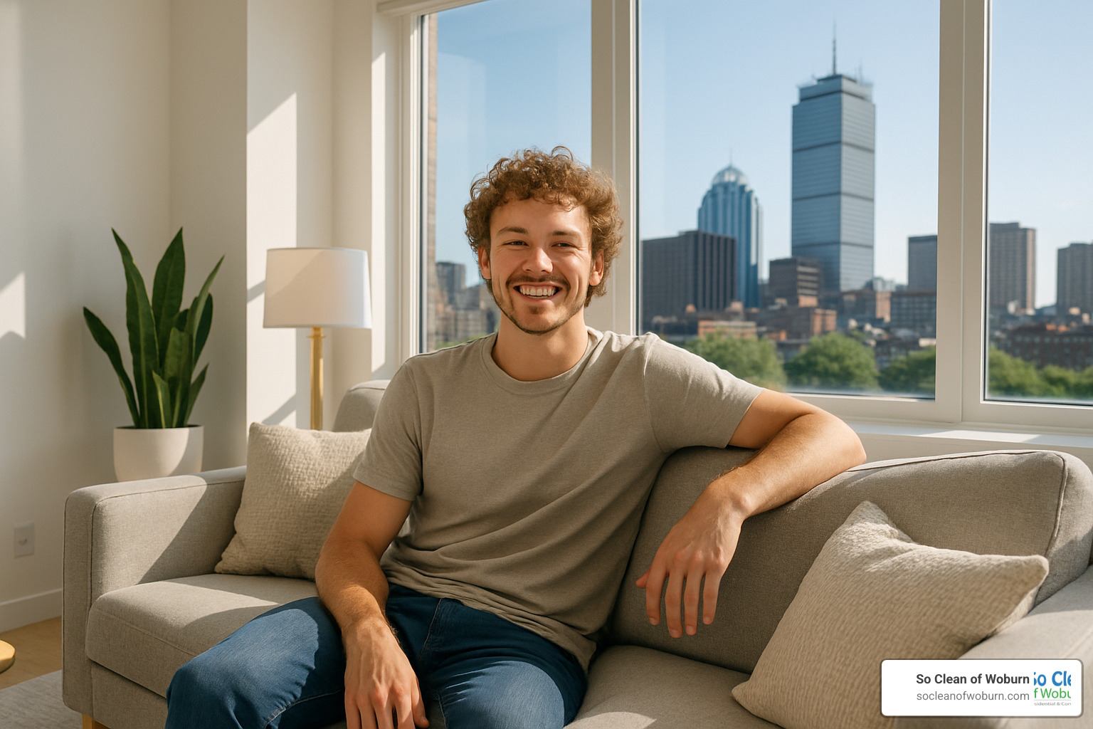 satisfied customer in clean apartment - Boston apartment cleaners