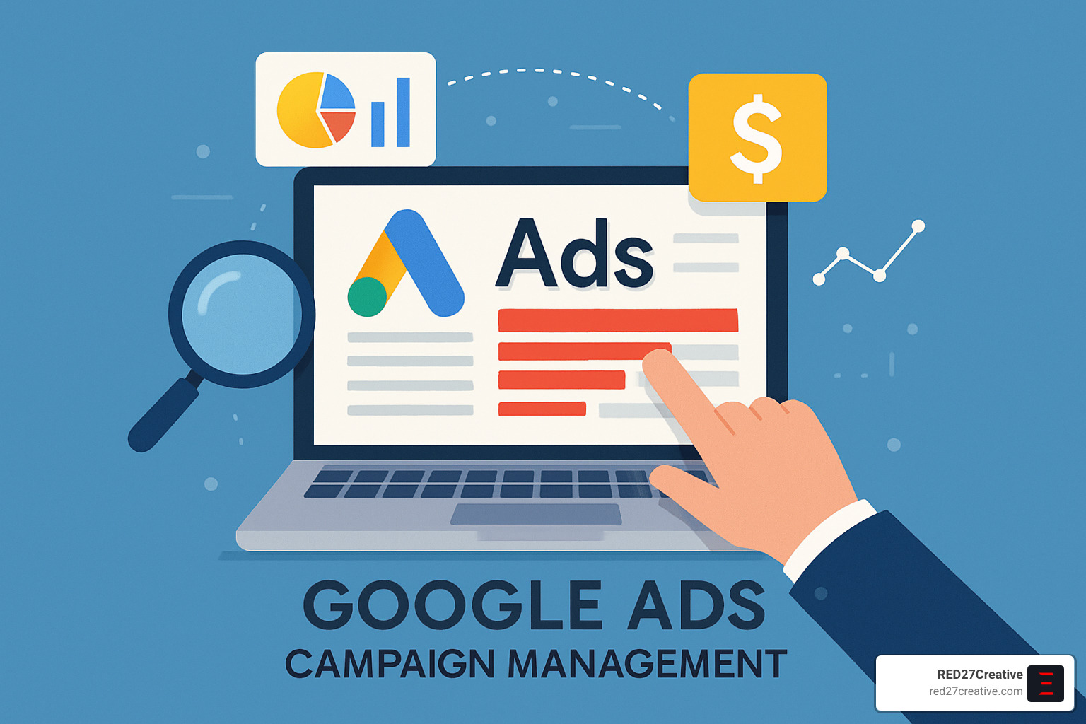 Campaign Like a Champ: Google Ads Management Made Easy • Google Ads campaign management • RED27Creative Google Ads optimization dashboard showing performance metrics and improvement recommendations - Google Ads campaign management