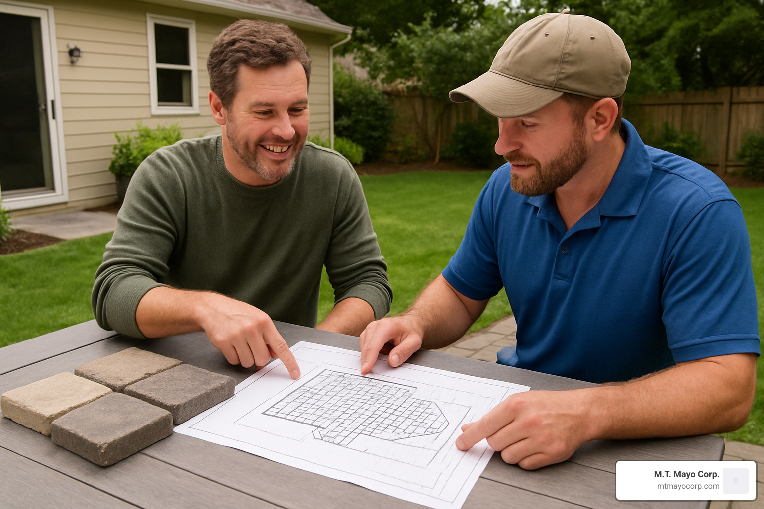 homeowner reviewing plans with paver contractor - paver patio contractors