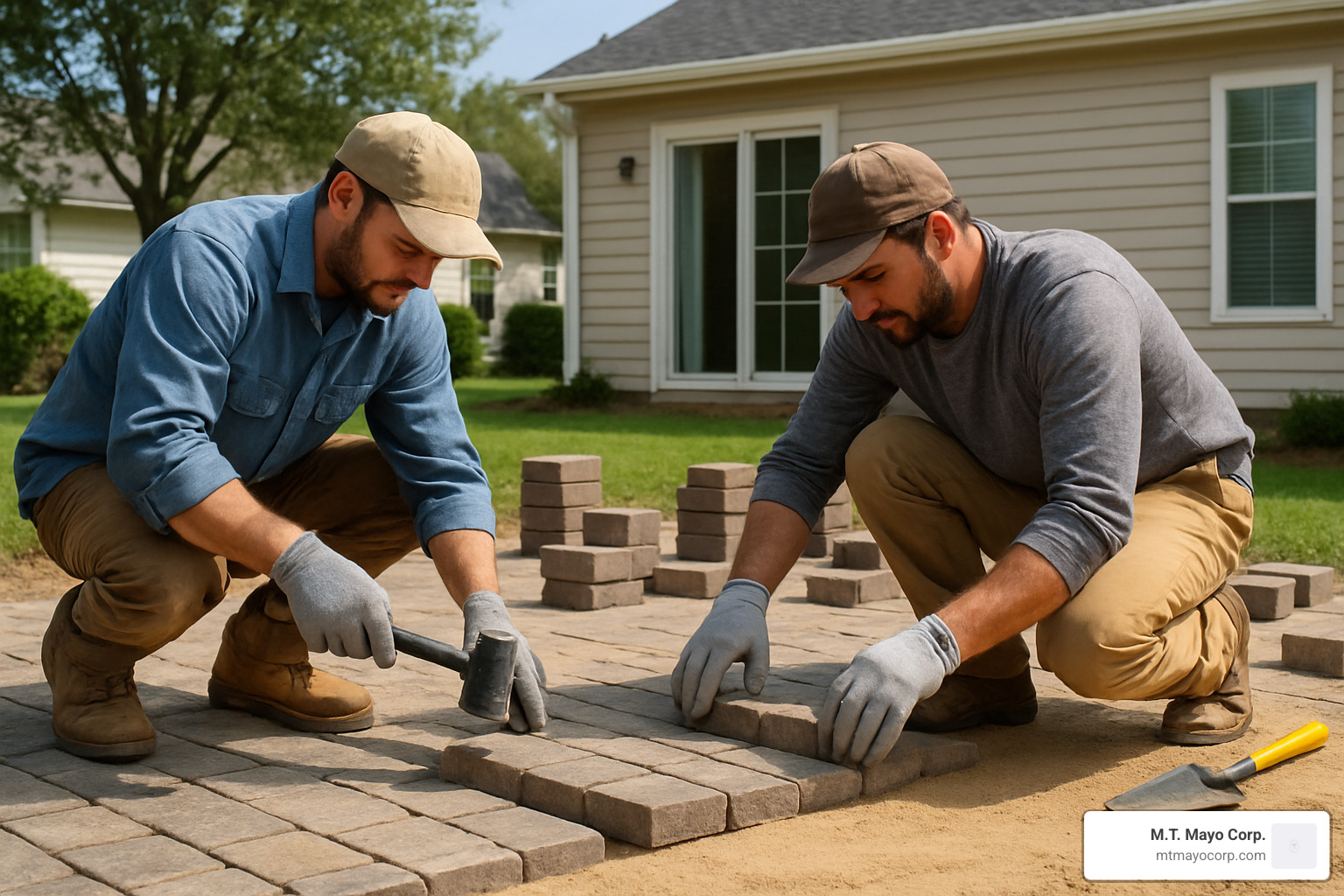 contractors working on paver patio installation - paver patio contractors